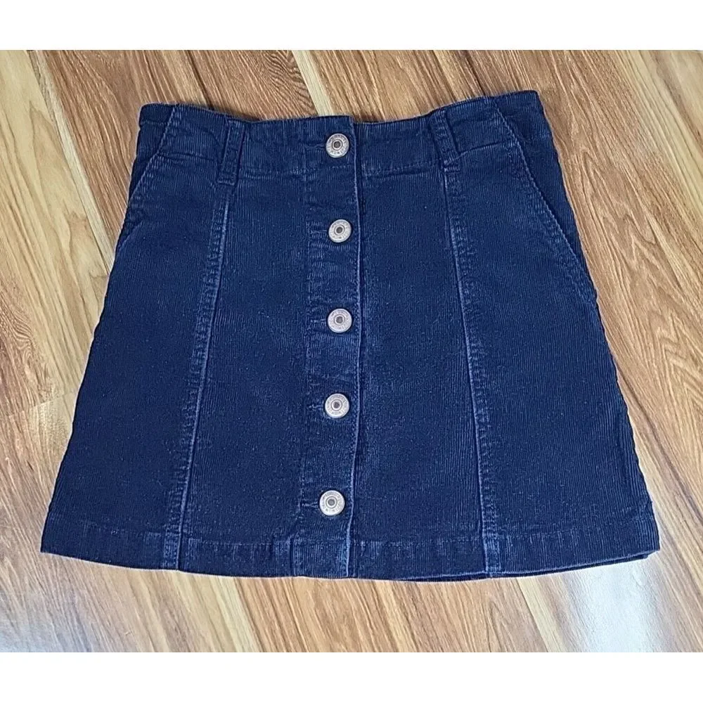 Forever 21 Corduroy Mini Skirt Size Small Navy Blue Button Fly‎ Preppy A Line